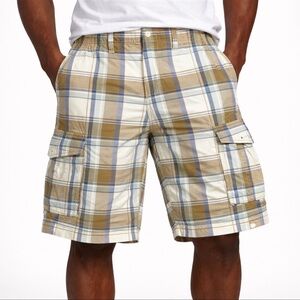 Urban Pipeline Creme/Tan Plaid 100% Cotton Midweight Long Cargo Shorts Size 36